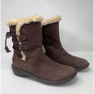UGG Australia Akadia Boots Women's 10 Brown Leather Mid Calf Round Toe Shearling
